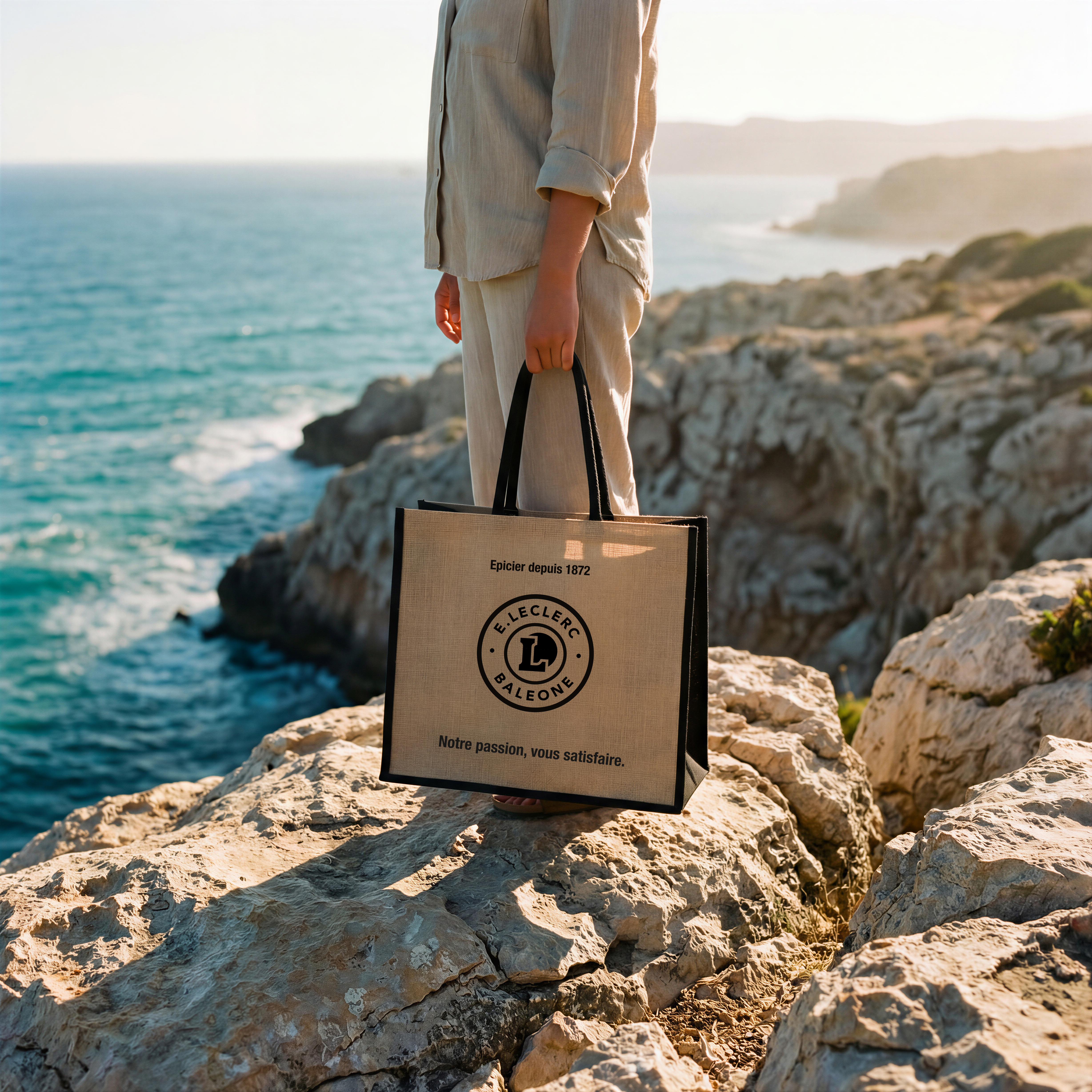 Person on rocky coastline holding jute bag